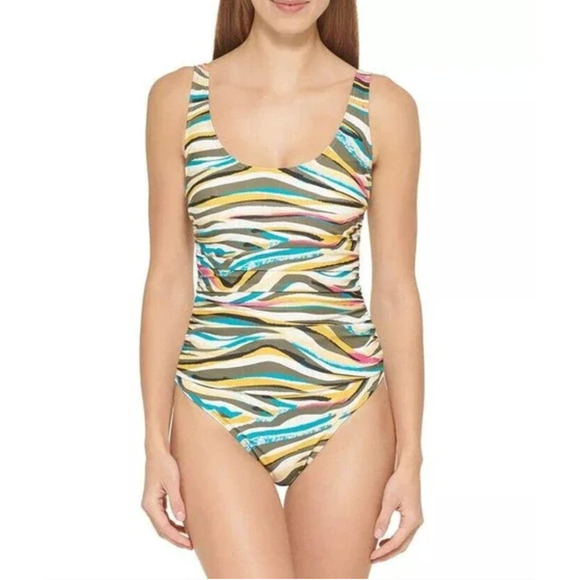 DKNY Animal Print Multi Mesh Side-Stripe Ruched One-Piece Swimsuit Size 6 NWT - Picture 3 of 7